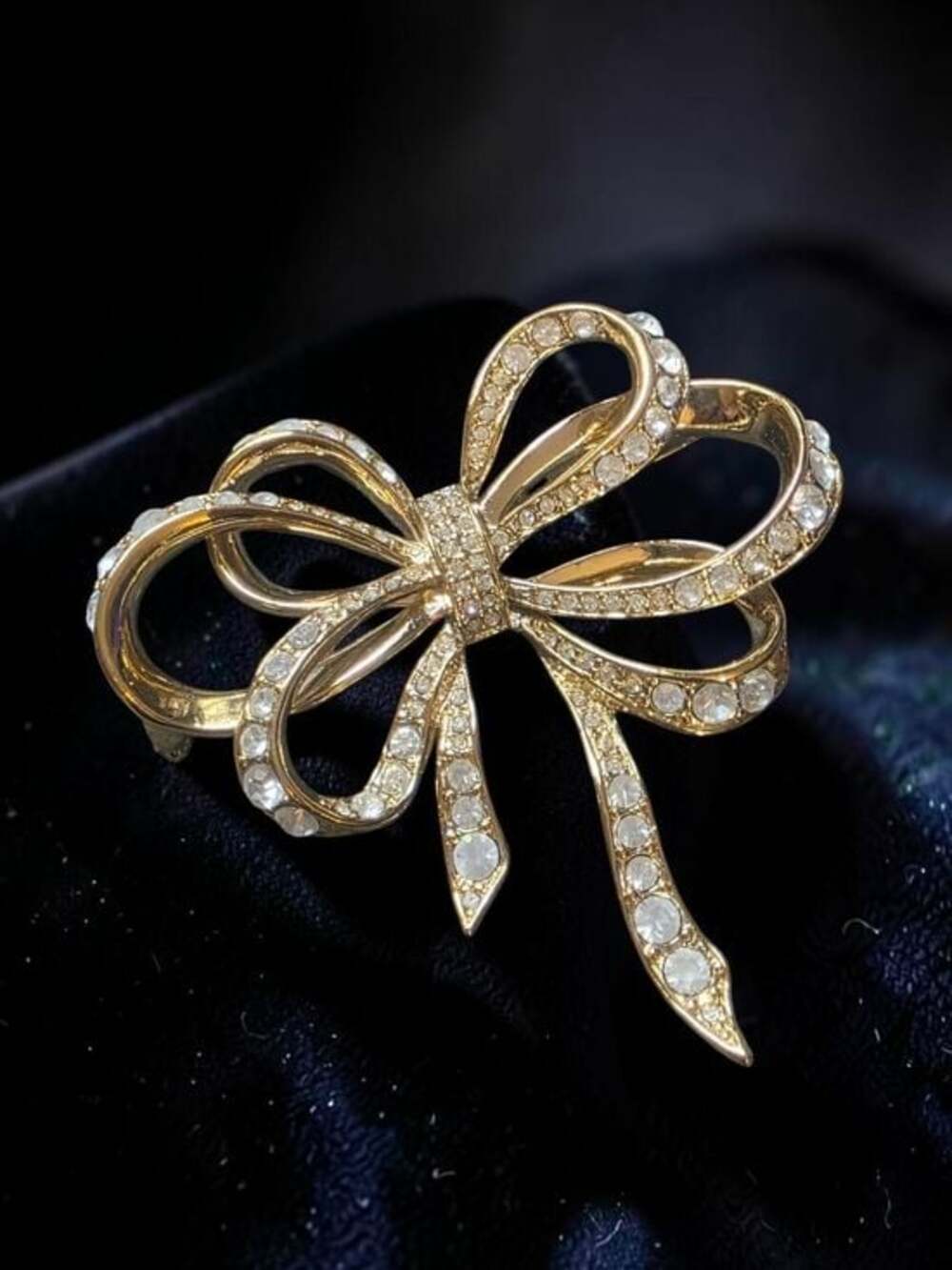 Elegant Gold Bow Crystal Brooch - Gold Color